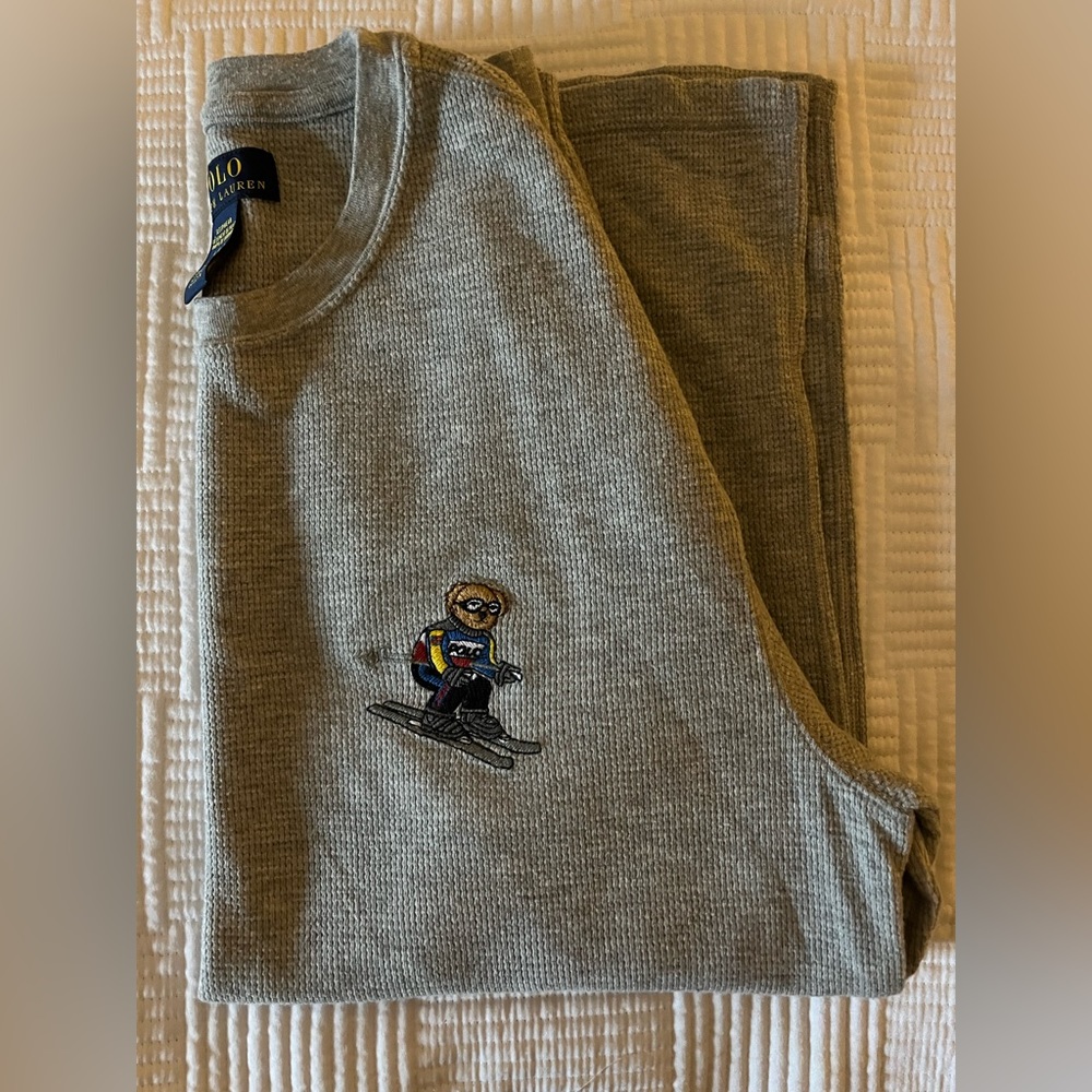 Men’s polo Ralph Lauren gray waffle knit long sleeve, size large, EUC